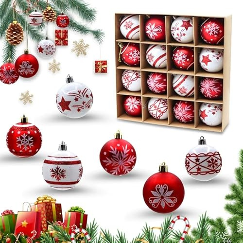 16 Pièces 6 cm Palline di Natale Rosse e Bianche, Palline Albero di Natale per Albero di Natale in Plastica Antigraffio con Cordino, Decorazioni Natalizie per Interni ed Esterni
