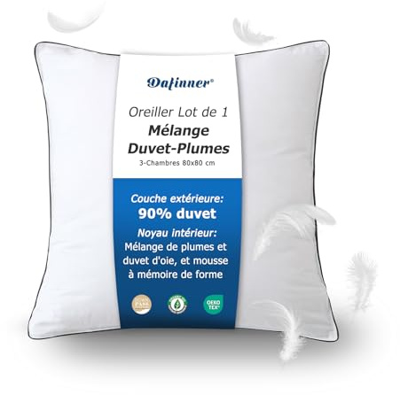 Dafinner 1er 3-Kammer-Daunenkissen 80×80 cm┃ 90% Daunen Außenkammer | Feder-Mischung Innenkammer ┃Oeko-TEX ┃Downpass ┃ Mittlere Unterstützung│Bio-Baumwoll