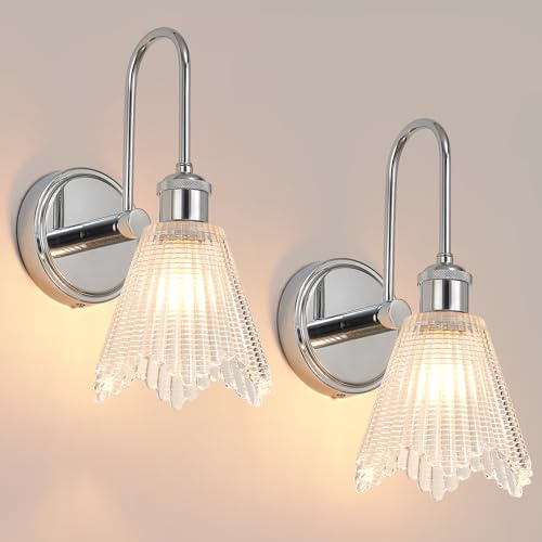 Vikdio Lámpara de Pared Set de 2, Luminaria Vintage Cromada con Pantalla Larga de Cristal Transparente, Lámparas de Piel para Empotrar para Dormitorio, Baño, Salón | Incluye 2 Bombillas LED
