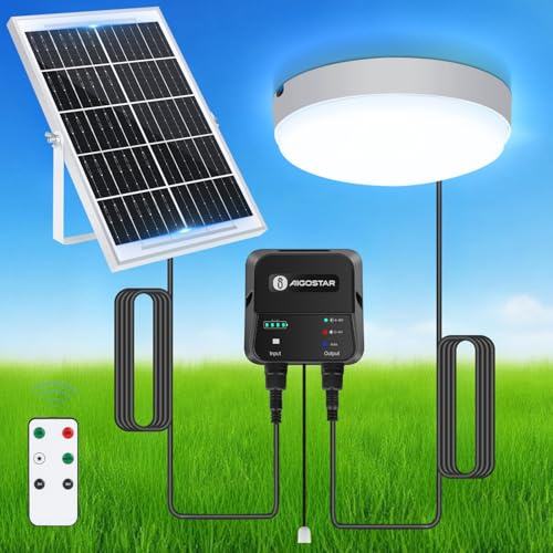 Aigostar Solarlampe Decke Außen 70W LED Solar Deckenleuchte Outdoor mit Fernbedienung, Energiespeicherbox, IP65 Wasserdicht, Einstellbare 6500K, Solarlampen für Innen mit 8m Kabel