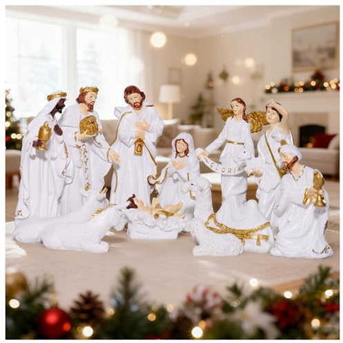 Dexshady Nativity Set for Christmas 12 pcs White Manger Scene Holy Family Resin Figures Indoor Decorations Catholic 8 Inch