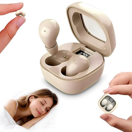 Cordless Mini Invisible Earbuds for Work - Low Profile Hidden Sleeping Earphones with LED Display - 24H Battery Small Earbuds with USB Cable, Replacement Caps - Secure Fit Ear Buds for Sleeping