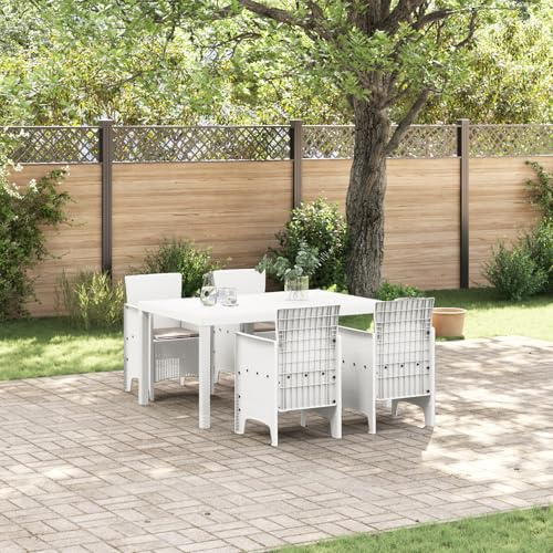 IBUQDDV 5-teiliges Garten Essset mit Kissen Weiß Poly Rattan für 4 Personen, Wetterfestes PE Rattan Outdoor Möbel Set mit Rechteckigem Tisch und Abnehmbaren Kissen für Terrasse