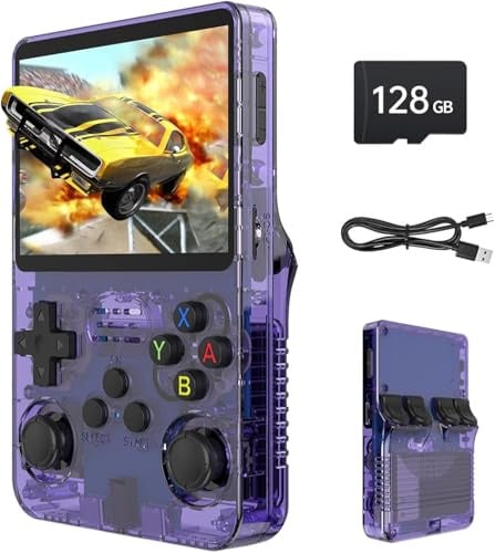 R36S Retro Handheld Game Console, 3.5 Inch IPS Screen, 128GB Storage, 40000+ Classic Games, 3500mAh Battery, Linux System, 30+ Emulators Purple