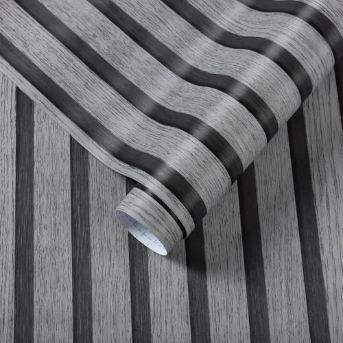 Fiula Wood Slat Wallpaper, 44 x 300cm Dark Grey & Black Peel and Stick Self Adhesive Textured Wallpaper, Waterproof & Removable Wall Covering for Kitchen, Bedroom & Office