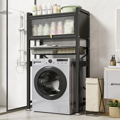 GUAWJRZDP Washer and Dryer Storage Shelf, Freestanding Washer Dryer Rack with Flip Door, Over Washer Multifunctional Storage Cabinet, for Laundry Rooms, Bathrooms Balcony(Black)