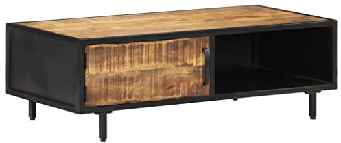 RCODSSK Couchtisch aus rauem Mangoholz mit Stahlrahmen - Tropisches Hartholz Tisch 105x50x35 cm mit 1 Tür und Ablagefläche