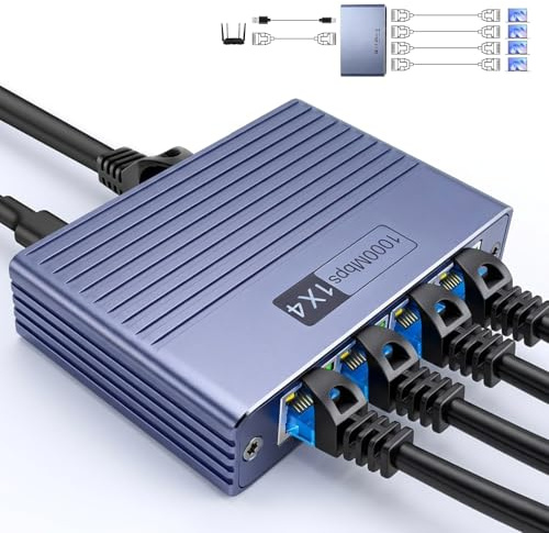 ZWQO Switch Ethernet 1 à 4 1000Mbps Multiprise RJ45, Aluminium | Répartiteur Etherne 4 ports,Switch Gigabit avec Câble D’alimentation USB-C,Commutateur RJ45 pour Ordinateur, Routeur,Décodeur