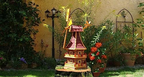BTV 160 cm Windmühle Premium Solar (Zubehör), für Pferde-Weide, Garten Terrasse, WETTERFEST + ROBUST mit Bitumen, mit Windrad, Seitenruder, Windfahne, rot ROT dunkelrot,Windmühlen aus Holz braun OHN