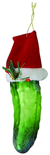 Christmas By Krebs Baumschmuck aus geblasenem Glas, Sammlerstück, 14 cm, Weihnachtsgurke mit Weihnachtsmütze)