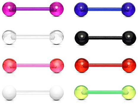 Treuheld® | 1,6 mm BIOFLEX Piercing STAB - BUNT - 8 Farben - Kugeln zum Schrauben - Flexibler Barbell aus Kunststoff/Acryl - Nippel-Piercing, Brustwarze, Zungen-Piercing Schmuck - leicht & angenehm