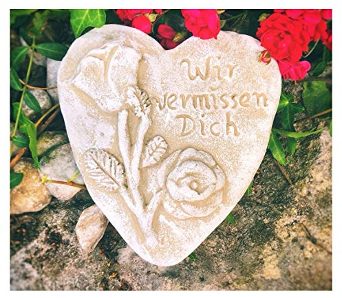 Radami Grabherz Spruch - Wir vermissen Dich - Grabschmuck Steinguss Herz 3D Rose hell