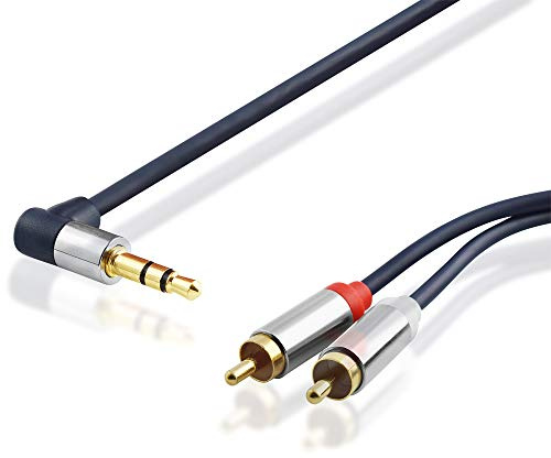 BestPlug 5 Meter Y Audio RCA Aux in Out Kabel, 2 L-R Cinch Stecker auf 1 3,5mm Klinke Stecker 90° abgewinkelt vergoldet, Dunkelblau