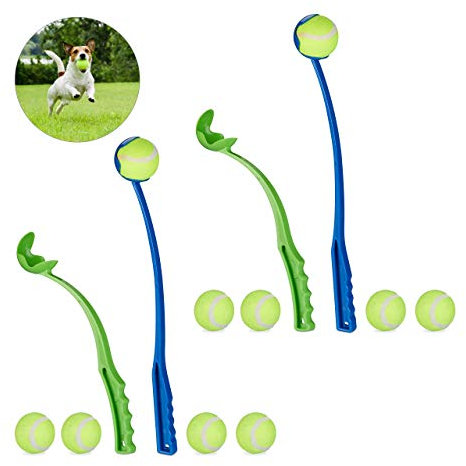 Relaxdays 20 x Ballschleuder für Hunde, Ballwerfer Set, inklusive 50 Tennisbälle, Ballwurfarm, Hundespielzeug Werfer, blau/grün