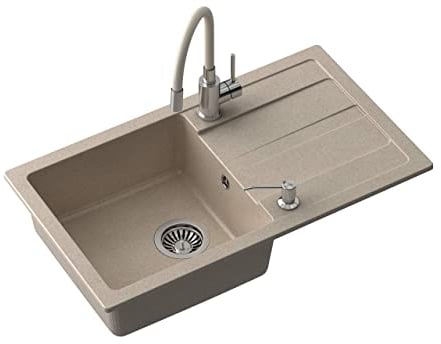 VBChome Spülbecken mit Armatur 77 x 44 cm Beige Granit Einzelbecken Einbauspüle Abtroffläche gesprenkelt reversibel Verbundspüle + Siphon Spülmittelspender Armatur