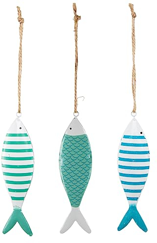 Maritime Fische zum Aufhängen, 3 Stück: Maritim-Deko aus Metall, Meeres-Dekoration Badezimmer & Wohnzimmer, Meer, Strand, Sommer, Bad Hängedeko, Maritimdeko Innen & Geschenke, Baddeko, 12 x 3,5 cm