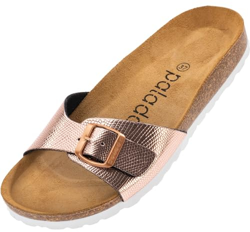 Palado Pantoletten Damen Malta Coralino – gefertigt in Spanien – aus feinem Materia l– Weichfußbett für maximalen Komfort – edle Metallic-Optik Snake Rose UK7 - EU40