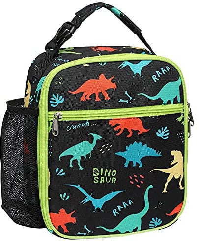 Bagseri Lunch Bag for Kids, Insulated Lunch Bag for Boys, Portable Lunch Cooler Bag for School, with Bottle Holder, Water-Resistant Lining, Black Dinosaur