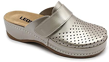 LEON 2022 Lederschuhe Clog Pantolette Komfortschuhe Hausschuhe, Damen, Champagner, EU 38
