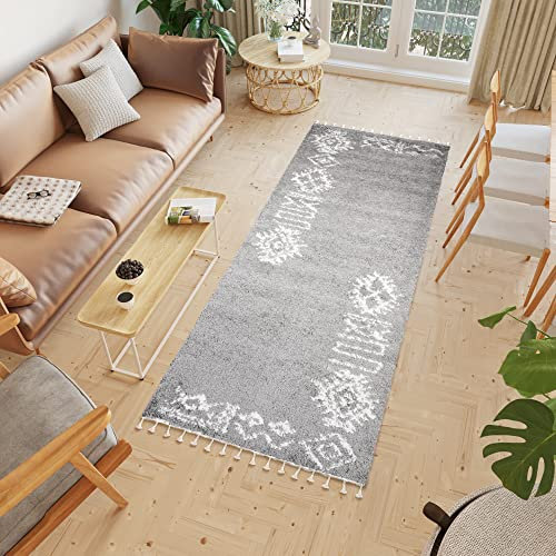 TAPISO Boho Teppich Läufer Kurzflor Shaggy Grau Creme Muster Ethno Fransen Schlafzimmer Wohnzimmer Design Modern 100 x 400 cm