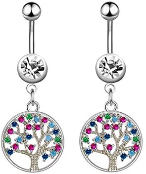 ANAZOZ Piercing Nombril Acier Chirurgical Arbre de Vie Orné Zircones Multicolores, Piercing Nombril Hypoallergenique 2pcs