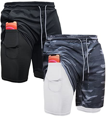 OEBLD Herren-Shorts, 2-in-1, Fitnessstudio, Workout, Laufen, 17,8 cm, mit Handtuchschlaufe, Schwarz 2 + Camouflage, Mittel