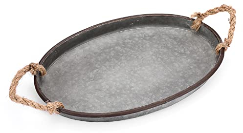 BSTKEY Glitzhome - Vassoio ovale in metallo, in stile rustico, con manico in corda, vassoio da portata zincato (39 x 25 cm)