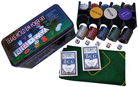 Rock and Baby Juego de Póker/Blackjack en Caja de Metal - 2 Barajas, 200 Fichas, Dados, Ficha Dealer, Ciega Pequeña, Ciega Grande, Tapete de Juego