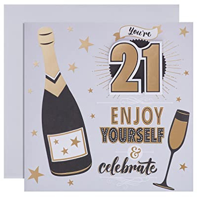 Hallmark Geburtstagskarte zum 21. Geburtstag, modernes illustriertes Champagner- und Textdesign.