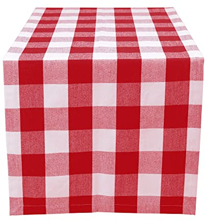 Tischläufer 180x32 - Robuster Tisch Läufer aus Baumwolle - Hochwertiger Tischläufer rot kariert - Table Runner - Waschbarer Läufer Tisch mit 220g/m²