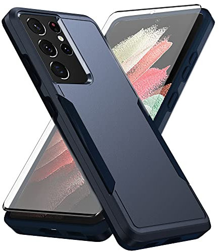 Asuwish Handyhülle für Samsung Galaxy S21 Ultra 5G Hülle mit Glas Folie Panzerfolie Schutzfolie und Extra Dünn Silikon TPU S21Ultra5G S 21 S21Ultra Slim Hard Handy Hüllen Schutzhülle Phone Case Blau