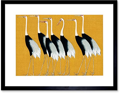 Wee Blue Coo Herons Cranes Flock Birds Ogata Korin Vintage Monochrome Illustration Mustard Yellow Artwork Framed Wall Art Print 12X16 Inch