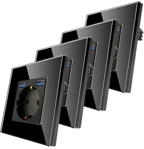 CNBINGO Lot de 4 prises en verre avec ports USB (max. 2,1 A) – Prise simple encastrée en noir – Contact de protection Schuko avec cadre en verre