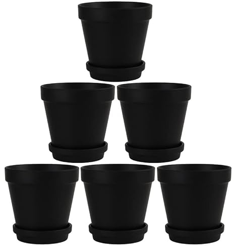 Fcacti Lot de 6 grands pots en argile noire de 15,2 cm avec soucoupe, en terre cuite avec trou de drainage, pot de fleurs avec plateau, pot en terre cuite pour plantes d'intérieur et d'extérieur