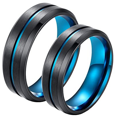Whoiy Trauringe 8mm Breit, Verlobungsring Edelstahl 2 Stück Blauer und Schwarzer Gebürsteter Ring für Valentinstag Jahrestag