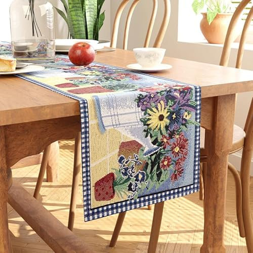 Encasa XO Chemin de Table Boho Jacquard - Pot de Fleur Design | Style Vintage | Taille 32x200 cm | Tapisserie bohème tissée pour Salle à Manger 6 Seater - Lavable en Machine