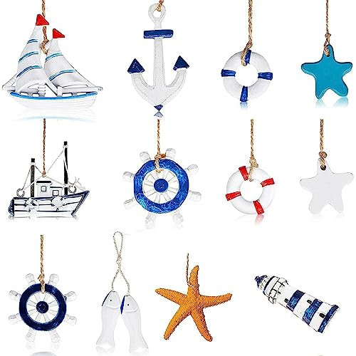 12-teiliges maritimes Deko-Set,maritime deko outdoor,leuchtturm deko,Seestern/Boot/Anker/Leuchtturm/Helm/Anker/Schwimmring/Mini-Fischernetz-Zubehör für Strand und Küste, Wandschmuck