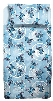 Stitch, Bettlaken für Einzelbett, Bettlaken, Spannbettlaken, Kissenbezug, blau, Disney, 100% Baumwolle, offizielles Produkt