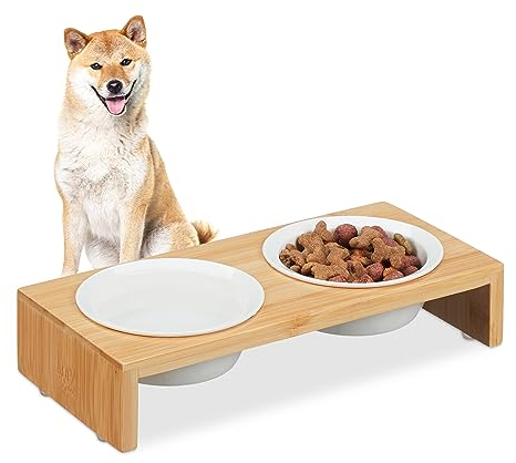 Relaxdays Futterstation Hund, Hundebar 2 Näpfe, je 270 ml, spülmaschinenfest, Bambus & Keramik, Napfständer, Natur/weiß