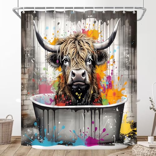 XHCEOH Rideau de douche avec crochets - Motif animaux de la ferme - Motif : vache drôle - Corne longue - Bœuf - Animaux sauvages mignons - Taureau jaune - Graffiti - Décoration moderne pour salle de