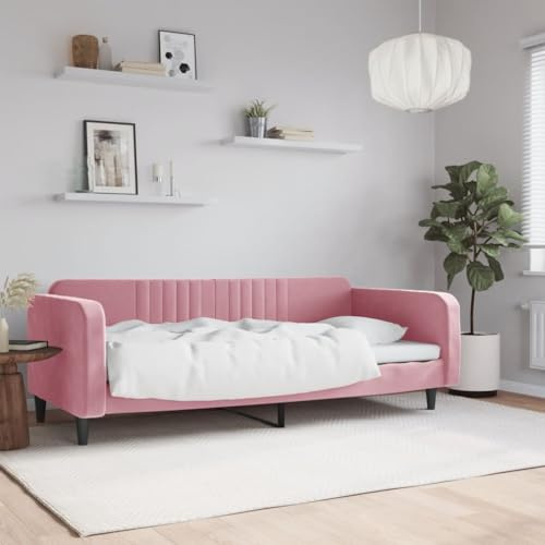 Gecheer Bettgestell, Tagesbett, Einzelbett, modern, 2-Sitzer, aus Samt, Rosa, 90 x 200 cm, Rahmen für Einzelbett 2-Sitzer aus Samt, Schlafsofa für 2 Personen, Einzelschlafsofa 90 x 200 cm