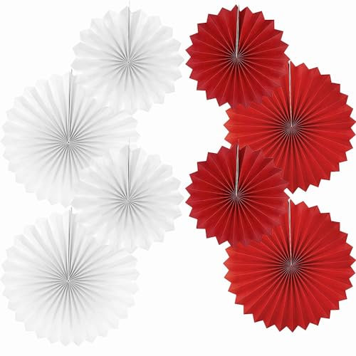 We Moment Zone Party Hanging Paper Fans Set, White Red 40.6CM(16in) and 30.4CM(12in) Round Paper Fans Decoration for Birthday Wedding Graduation Events Accessories,Set of 8