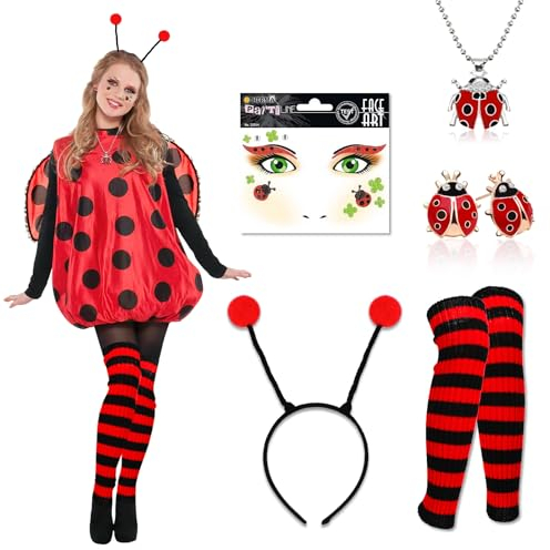 DPKOW 5 STK Marienkäfer Kostüm Accessoires, Faschingskostüme Damen Kinder Kostüm Marienkäfer haarreif Halskette Ohrringe Marienkäfer Gesichtstattoo Karneval Stulpen Beinwärmer Marienkäfer Schwarz Rot