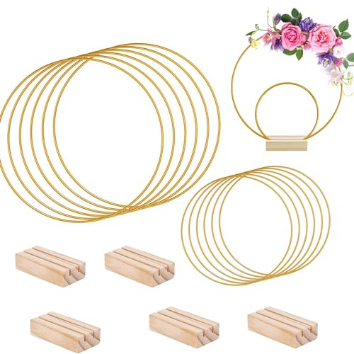 5 Set Holzständer Kranz Metallring Metallringe zum Basteln(30cm+20cm) Mit 5 Stück Holzständern Deko Blumen Metallring Zum Basteln Für DIY Blumen-Makramee, Hochzeit Party Tischdekoration
