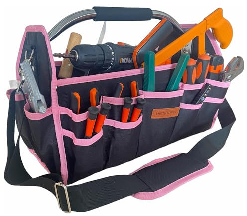 UISKOOPW Pink Tool Bag for Women, 16.1x8.7x10.6in, 21 External Pockets, Waterproof Base, 3.48lbs