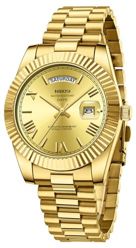 NIBOSI Montre analogique à quartz pour homme - En acier inoxydable - Étanche - Style décontracté - Avec affichage du jour et de la date, Or 1, Classique