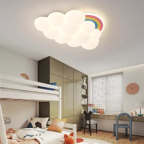 Harpochten LED Deckenleuchte Kinderschlafzimmer Dimmbar Deckenlampe Mit Fernbedienung Kronleuchter Junge Mädchen Wolken Regenbogen Nachtlicht Für Schlafzimmer Wohnzimmer Babyzimmer Balkon Deckenbeleuc