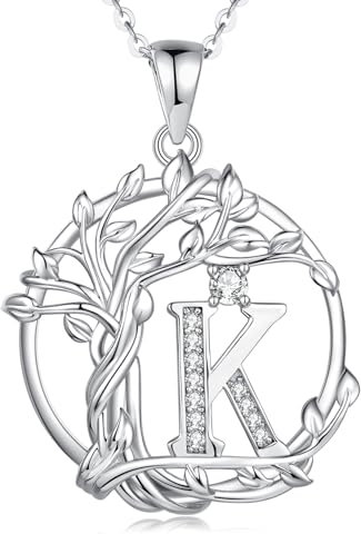 FANCIME Lebensbaum Buchstaben Kette Damen, 925 Sterling Silber K Alphabet Initialen Anhänger Halskette Schmuck Geschenke für Damen Frauen Mädchen, Kettenlänge: 40+5 cm