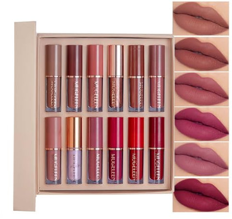Lipgloss Set - 12 Farben Lippenstift Set Velvety Nude & Rosa - Shimmer Lipstick Kit Non-Stick Cup & Not Fade - Lippen Make Up Set Wasserfest & Langlebig - Lip Gloss Set Geschenk für Frauen