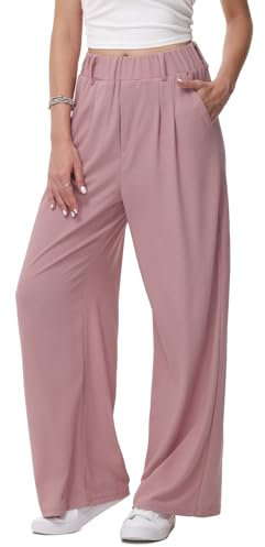 HMIYA Weite Hosen Damen-Lässig Locker Stoffhose Leichte Palazzo Hose Hohe Taille Dünne Herbst Hosen mit Tasche,Rosa,M/32L